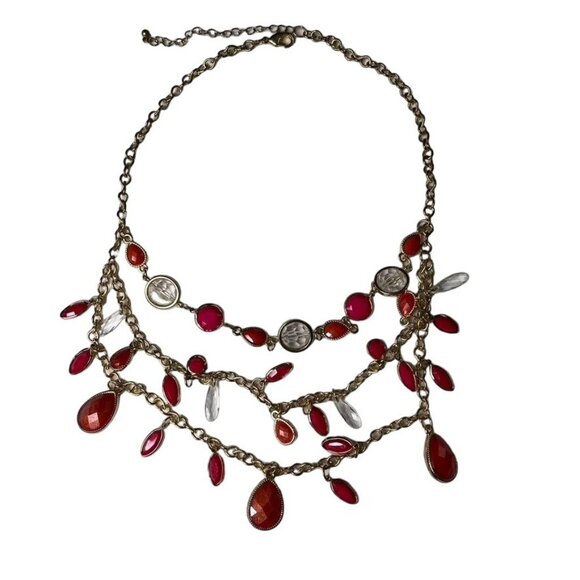 Vintage Multi Layered Gold Chain Statement Necklace Choker u Red Orange Clear Ge - Picture 1 of 6